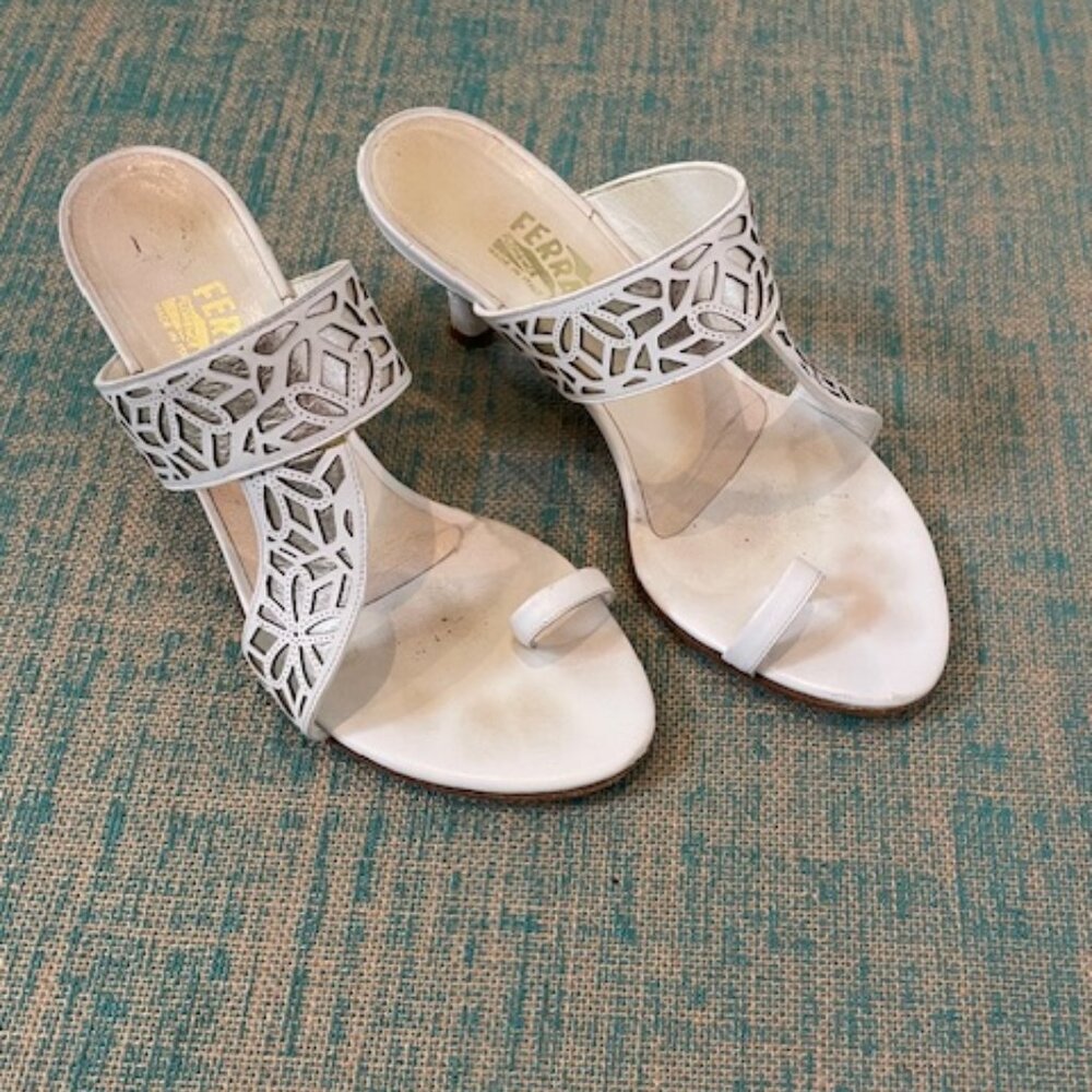 Ferragamo white and gold sandal heels